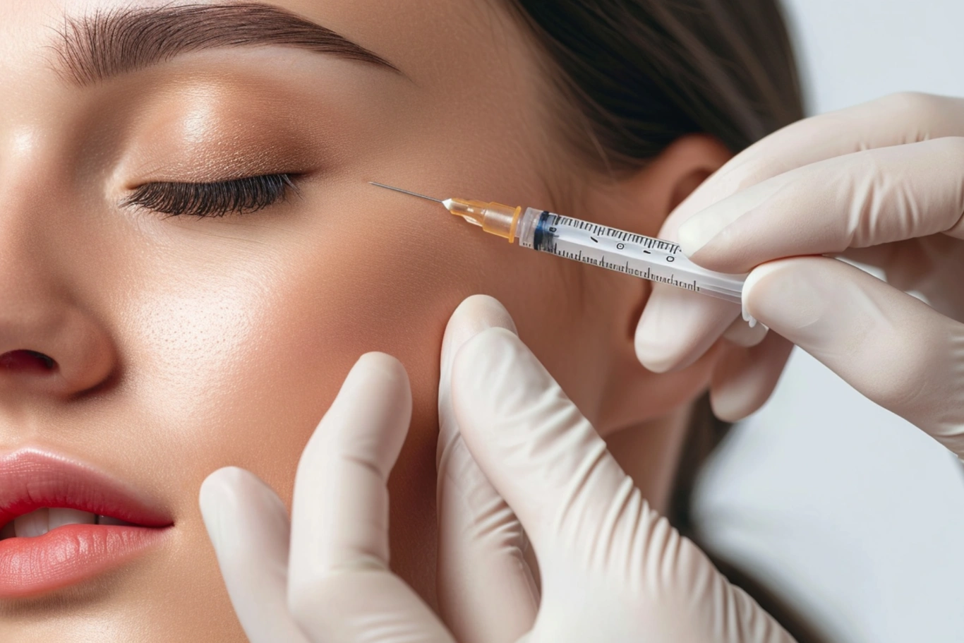 Close Up Of A Woman Receiving A Cosmetic Injection Near The Eye Area By A Gloved Professional